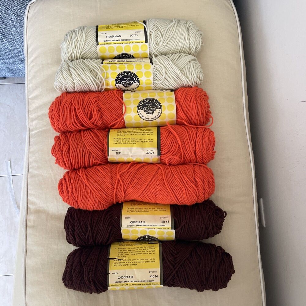 Vintage 70s CORONATION HAND KNITTING YARN 7 Skeins Fisherman Tile Chocolate USA
